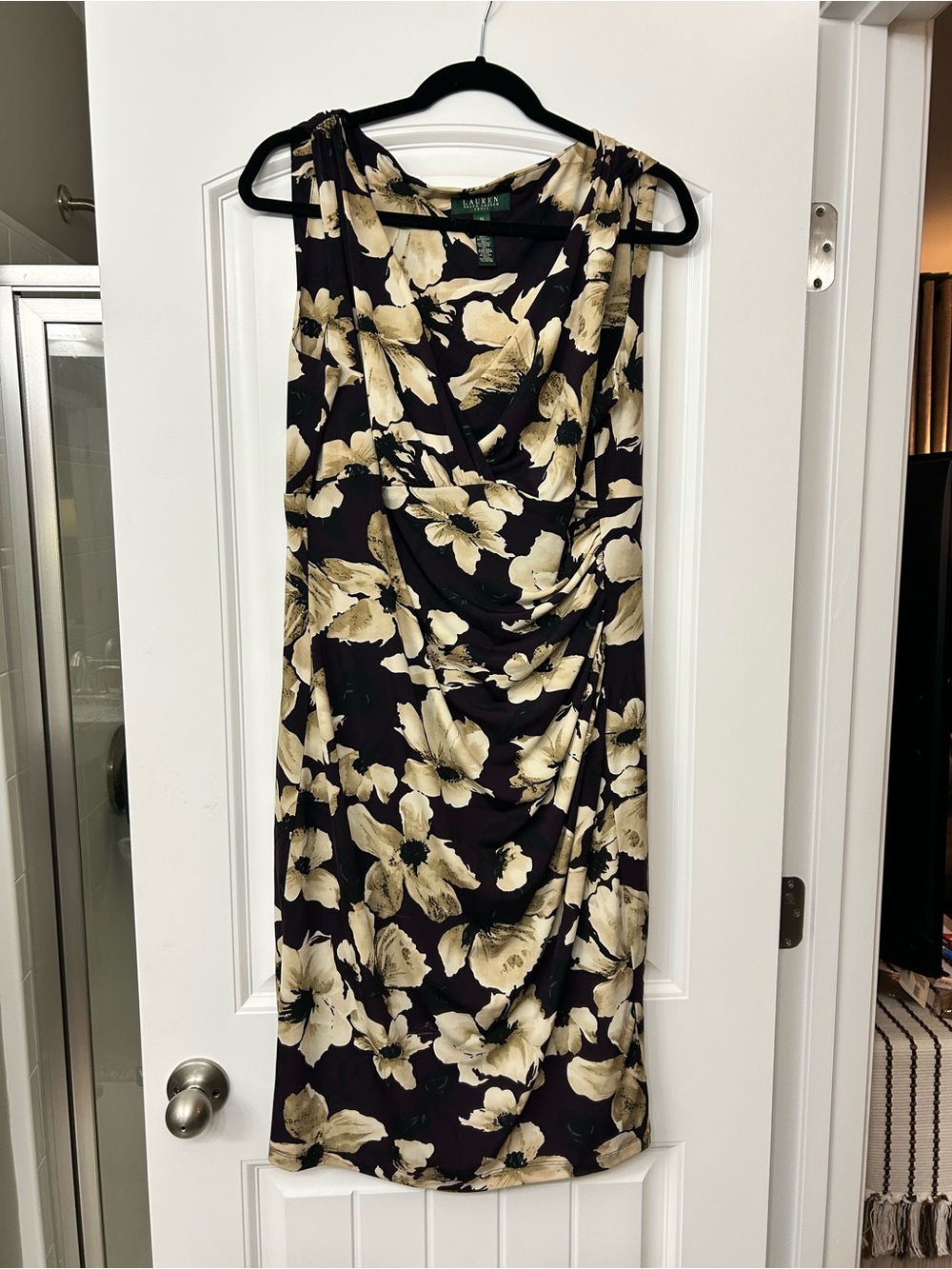 Ralph Lauren deep plum Midi Dress with Cream Floral Print and Cowl Neck